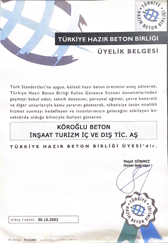 Türkiye Hazır Beton Birliği Üyelik Belgesi